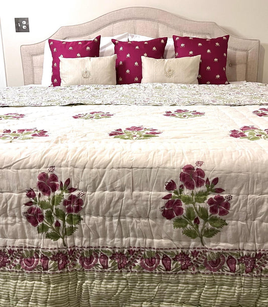 Hibiscus pink and white cotton quilt